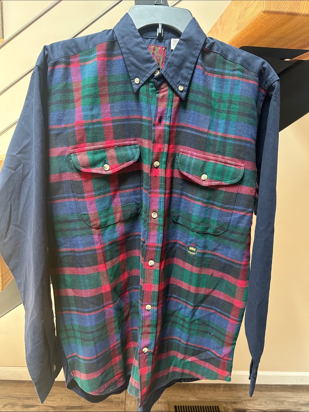 Ruff Hewn Navy Button-Down with Green & Red Plaid Front